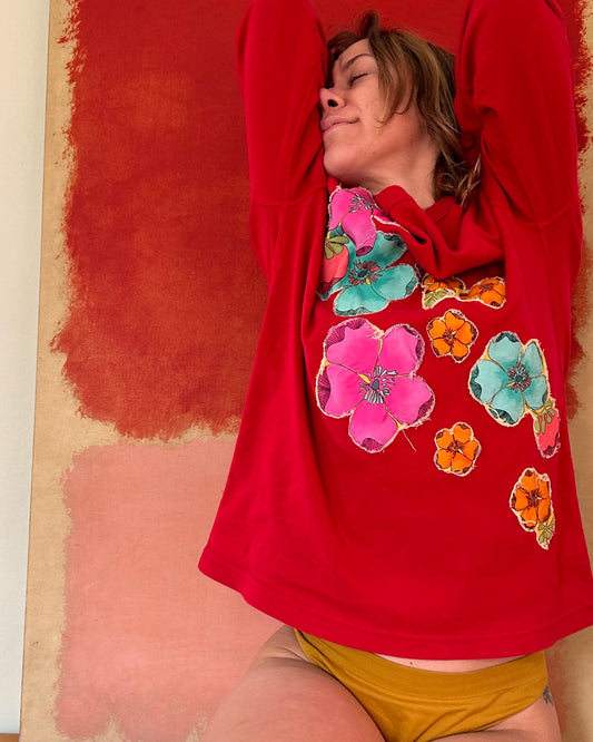 Women’s artisan Red cotton sweatshirt with bright floral appliqué 