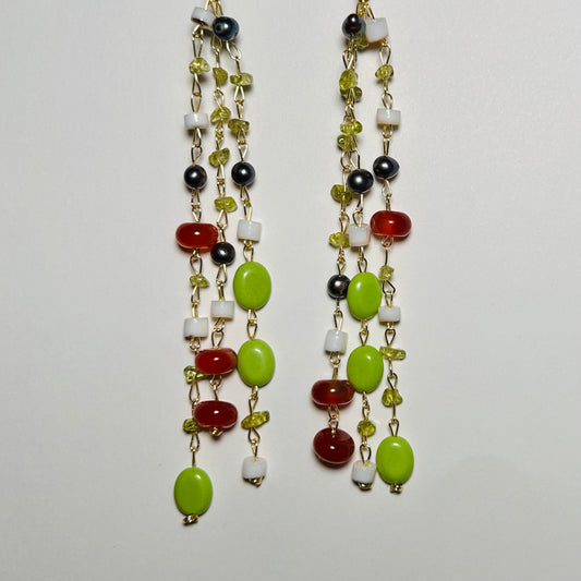 Sun Baked at Sauvie, Beaded Chain Long Fringe Earrings