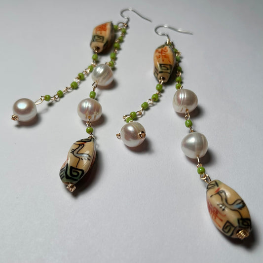 The Cranes Divine Migration, Beaded Chain Long Dangling Earrings
