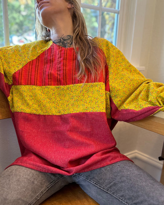 Handmade red/yellow/floral unisex oversized quilted sweater