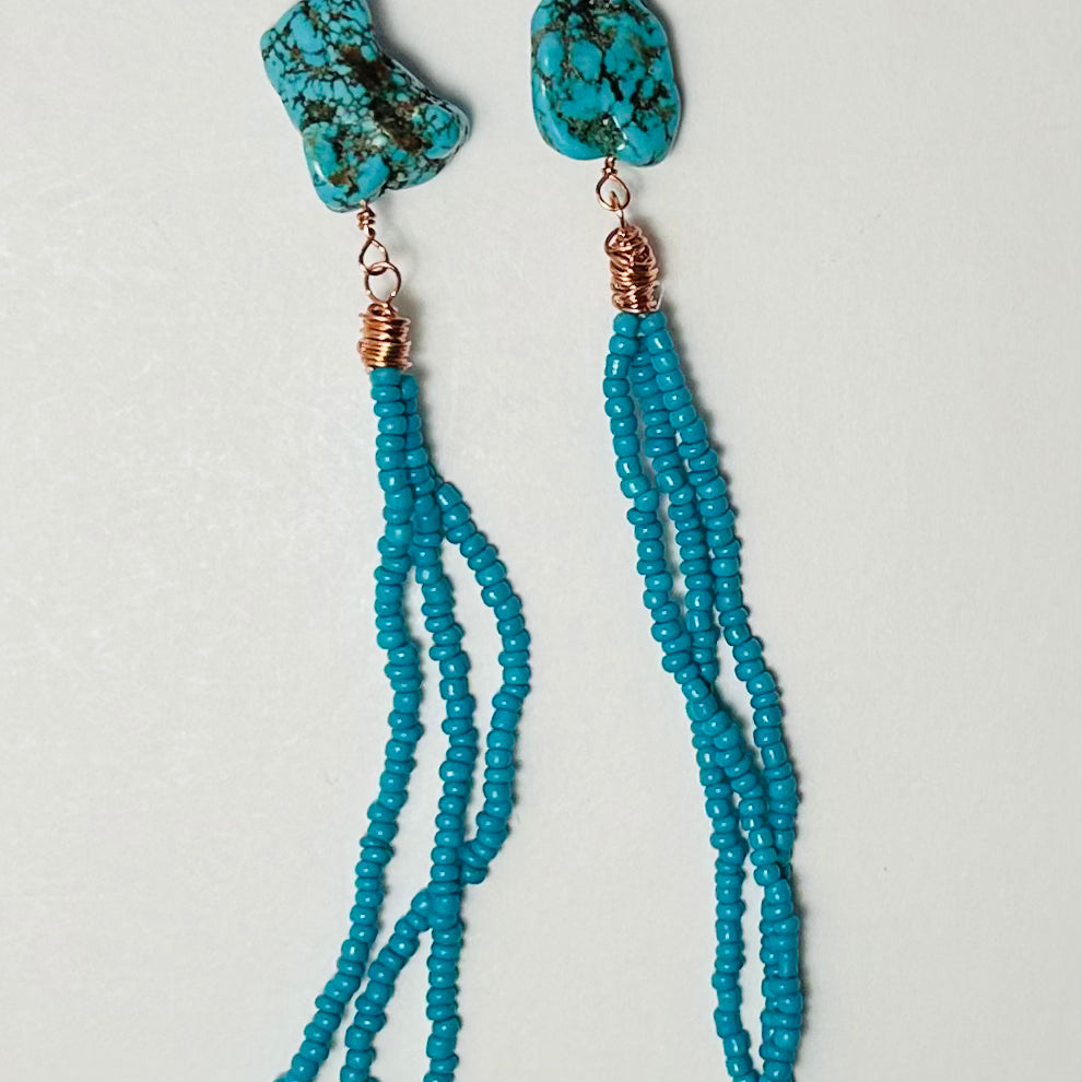 Turquoise Tassel, Beaded Fringe Earrings