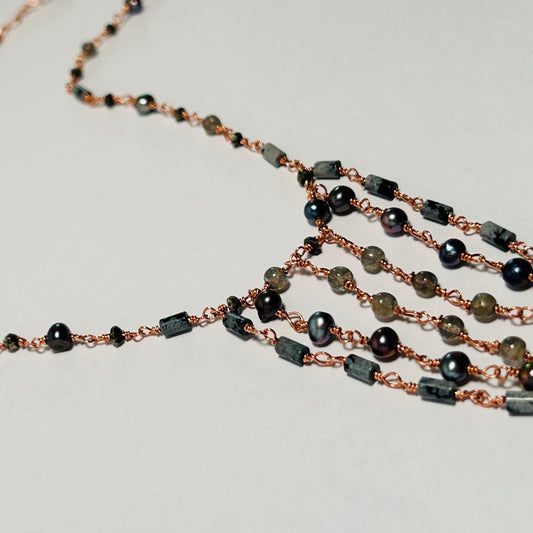 Handmade beaded necklace

Featuring labradorite, pyrite, & snowflake obsidian gemstone beads with genuine enhanced Pearl beads upon pure copper.

Necklace is 19 inches in length 

Hook & Eye Closure